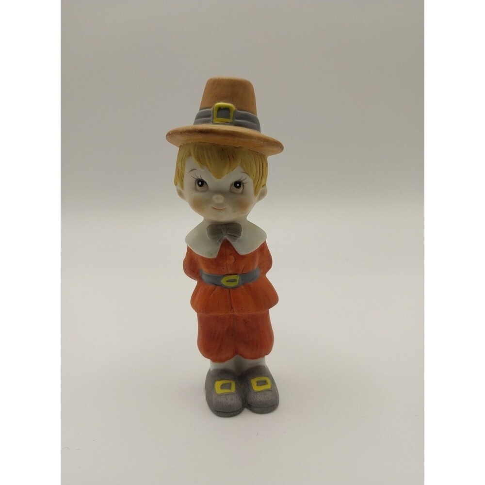 Vintage Lefton Thanksgiving Pilgrim Boy Figurine 04590 Ceramic Fall Decor EUC
